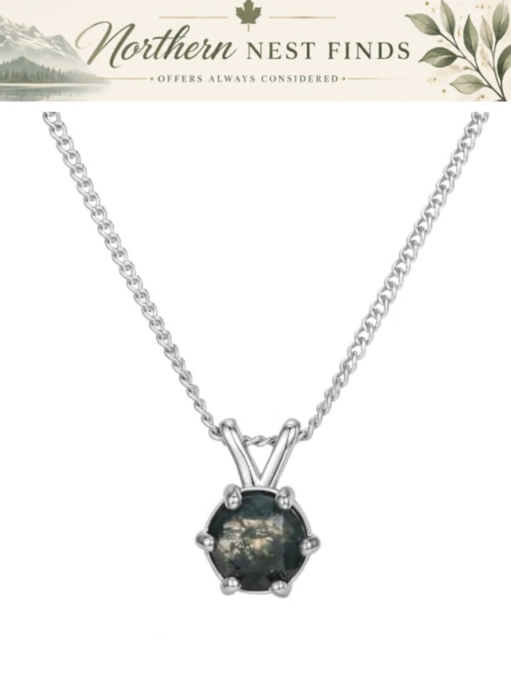 Silver Plated Moss Agate Necklace Stainless Steel Chain Six Prong Round